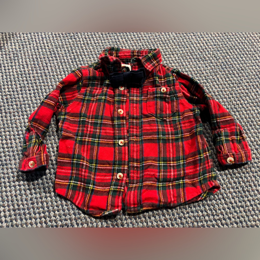 Hatley flannel bowtie button up shirt. Used 2x. Sz 18-24 mo.